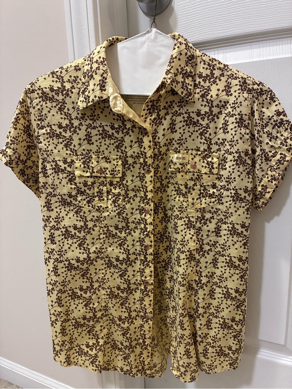 Women’s Yellow Short-Sleeve Button-Down Shirt with Brown Floral Print